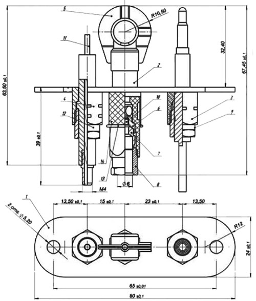 Рис.1. Схема габаритных размеров пилотной горелки ЗГ-Д-ОВ серия 1443-130