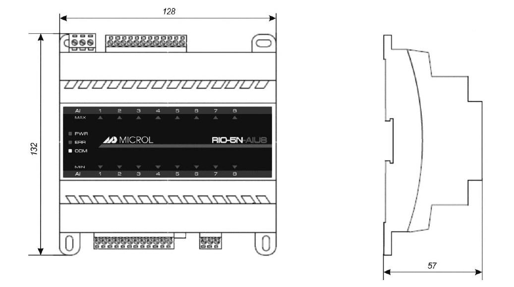 Схема габаритных размеров модуля аналогового ввода RIO-5N-AIU8
