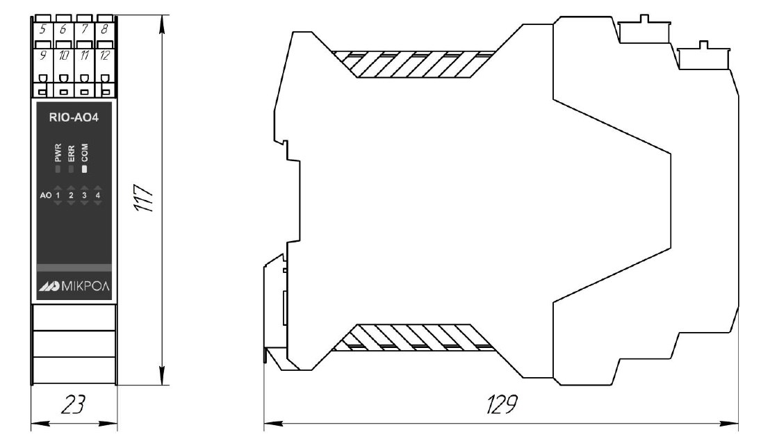 Схема габаритных размеров модуля RIO-AO4