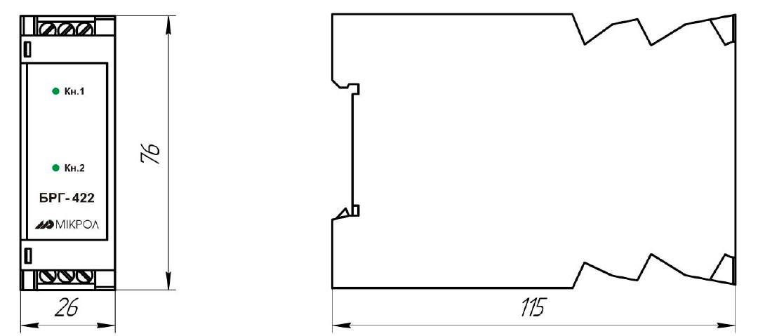 Схема габаритных размеров блока гальванической развязки БРГ-422