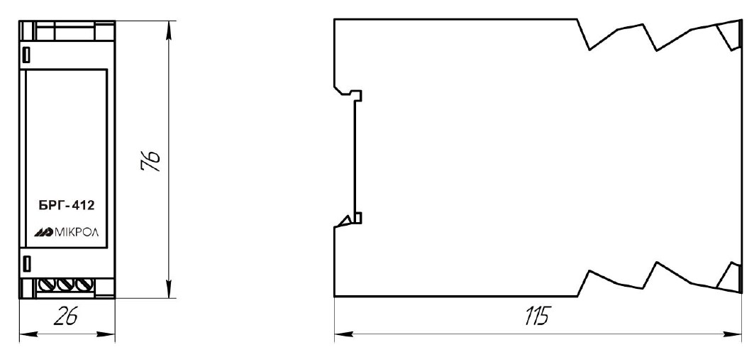 Схема габаритных размеров блока гальванической развязки БРГ-412